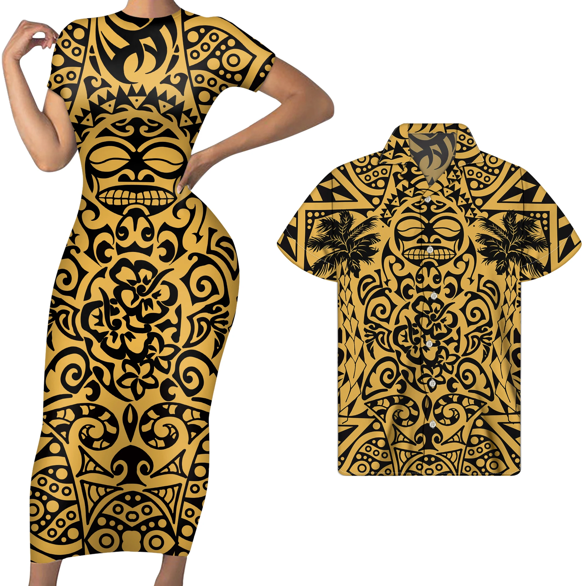 

WHEREISARTVintage платье для женщин SummerLadies клуб коктейльное платье для мужчин с коротким рукавом рубашка полинезийской Племенной пар Одинаковая од...