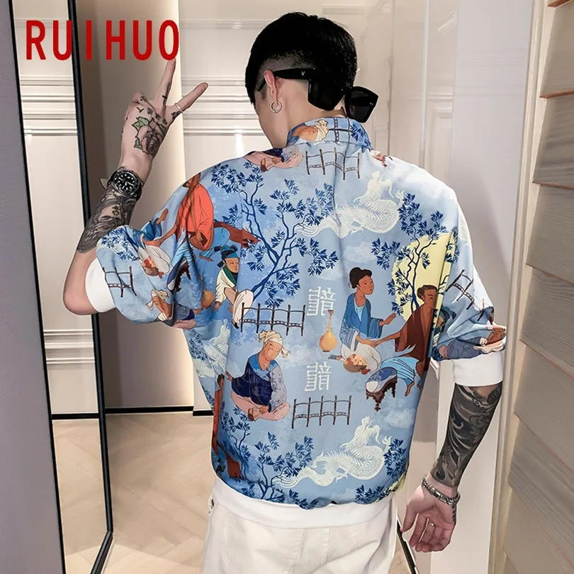 Повседневные рубашки RUIHUO с принтом в китайском стиле для мужчин одежда гавайская