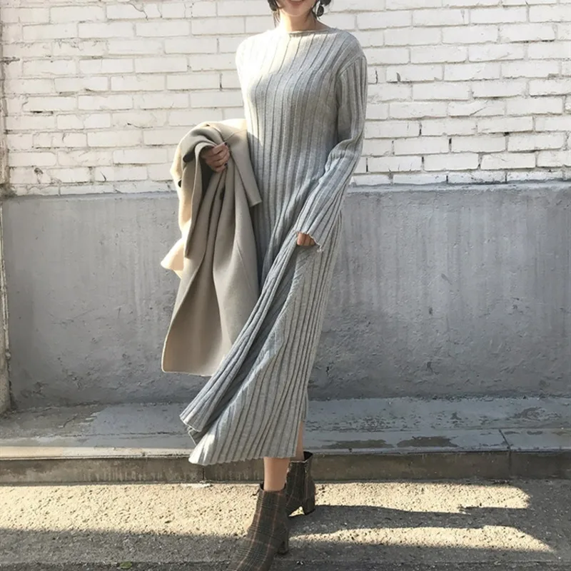 

Grey Black Warm Casual Pollover Sweater Dress Women Jumper Dresses Solid New Thick Woman 2021 Korean Knitted Winter Knitwear