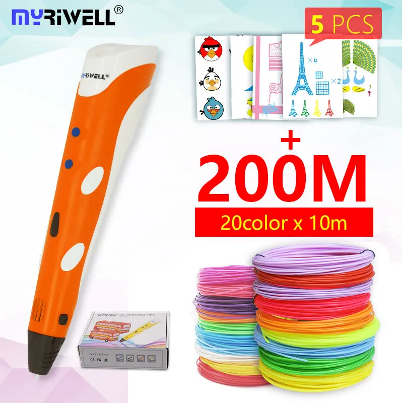 Myriwell, 3D Ручка, 3d ручка, RP-100A, pla, 1,75 мм, abs нить, 3d печать, ручка, 3 d ручка, инструмент для рисования, для детей, подарок на день рождения - Цвет: orange and abs200