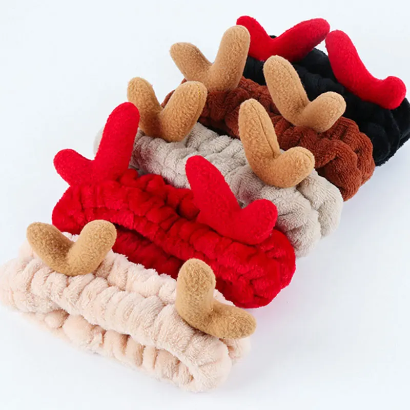 

Wash Face Hair Holder Hairbands Soft Warm Coral Fleece Deer Antler Ears Headband For Women Girls Turban Fashion Hair Accessories