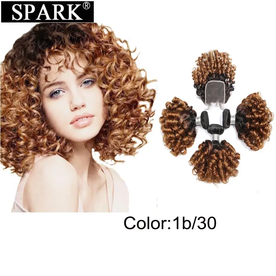 Spark Human Hair Ombre Brazilian Bouncy Curly 3 Bundles With Closure 100% 1B/27 &amp30 For Black | Шиньоны и парики