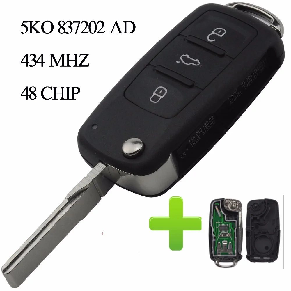Дистанционный ключ 434 МГц ID48 чип для Volkswagen VW GOLF PASSAT Tiguan Polo Jetta Beetle автомобиль без ключа 5K0 837 202AD 5K0837202A
