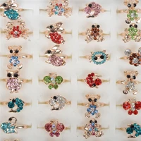 pinksee wholesale 30pcs kid crystal animal design rings for girls adjustable mixed style funny charm party club jewelry gift