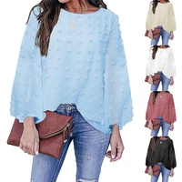 womens latest round neck puff sleeves with artificial flowers chiffon long sleeved shirt