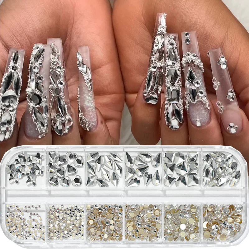 

Алмазные украшения для ногтей разных размеров, 12 цветов, 3D Стразы AB, Кристальные драгоценные камни с плоской задней стороной, блестящие роск...