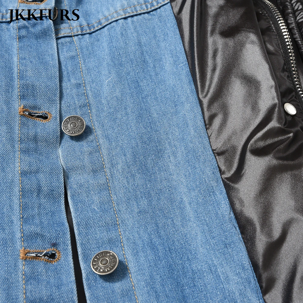 

2021 Winter Warm Fashion Down Coat Women Denim Jacket White Down Fake Two-Piece Coat S7659