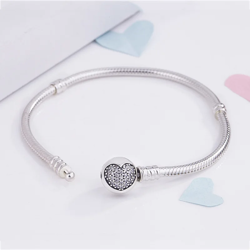 

Authenetic 925 Sterling Silver Crystal Heart Clasp Snake Chain pandora Bracelets Bangle Fit Bead Charm Diy Europe Jewelry