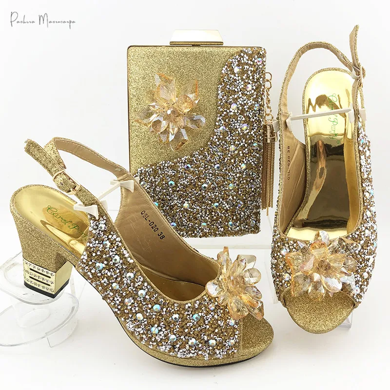 

Youthful Style 2020 Spring Special Design African Office Ladies Shoes and Bag to Match in Gold Color For Party