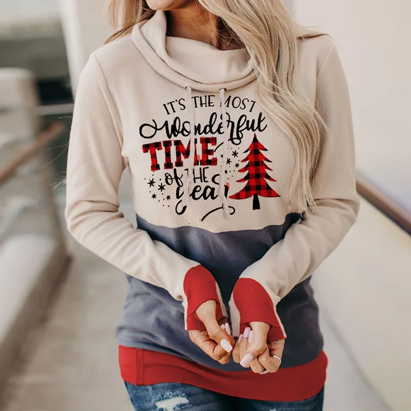 

Europe and America Christmas Sweater Women's Autumn and Winter New Cartoon Plant Print Hooded Casual Top