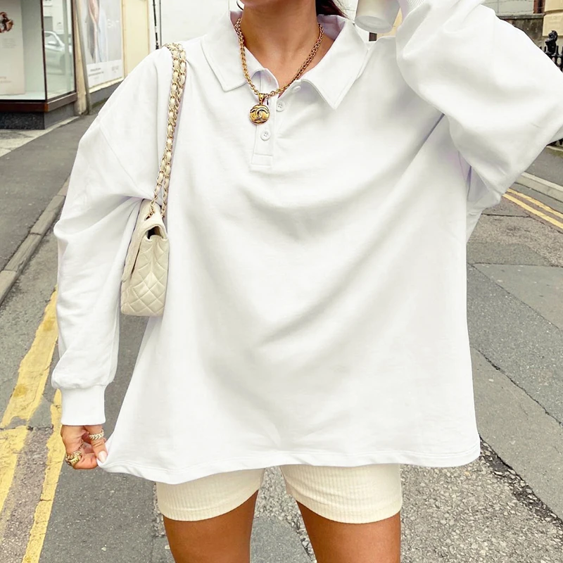 

Однотонные Свободные толстовки большого размера для женщин, Зимняя Повседневная Уличная одежда в стиле Харадзюку, Свитшот-поло с длинным р...