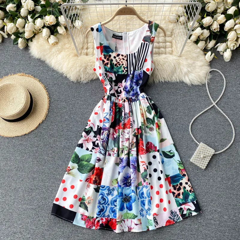 

Summer Dresses For Women 2021 Party Elegant Vintage Dress Scoop Neck Sleeveless Patchwork Print Runway Midi Dress Woman