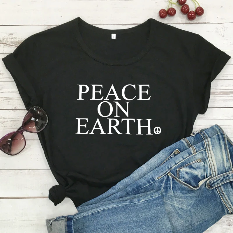 Женская футболка с круглым вырезом Peace On Earth летняя из чистого хлопка надписью Tumblr