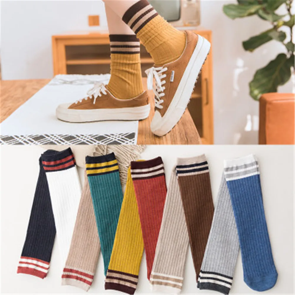 

1pair/set Japanese Outdoor Sports Socks Mid-calf Length Soft Warm Elastic Women Socks Striped Cotton Blend Sock Shoes