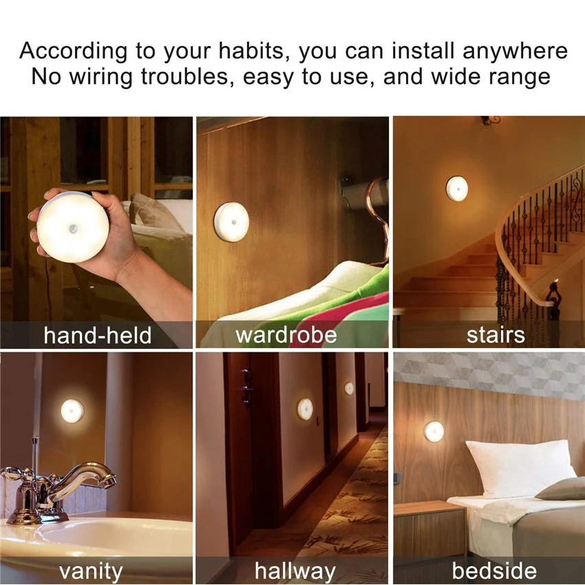 

USB Charge LED Night Lights 6 LEDs PIR Motion Sensor Magnet Closet Wall Lamp Auto On/Off for Cabinet,Wardrobe,Counter,Kitchen