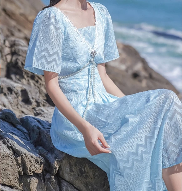 

2021 Summer New style French Retro court style temperamentsweet niche long Skirt fairy gentle Dress Female Beach wind dress
