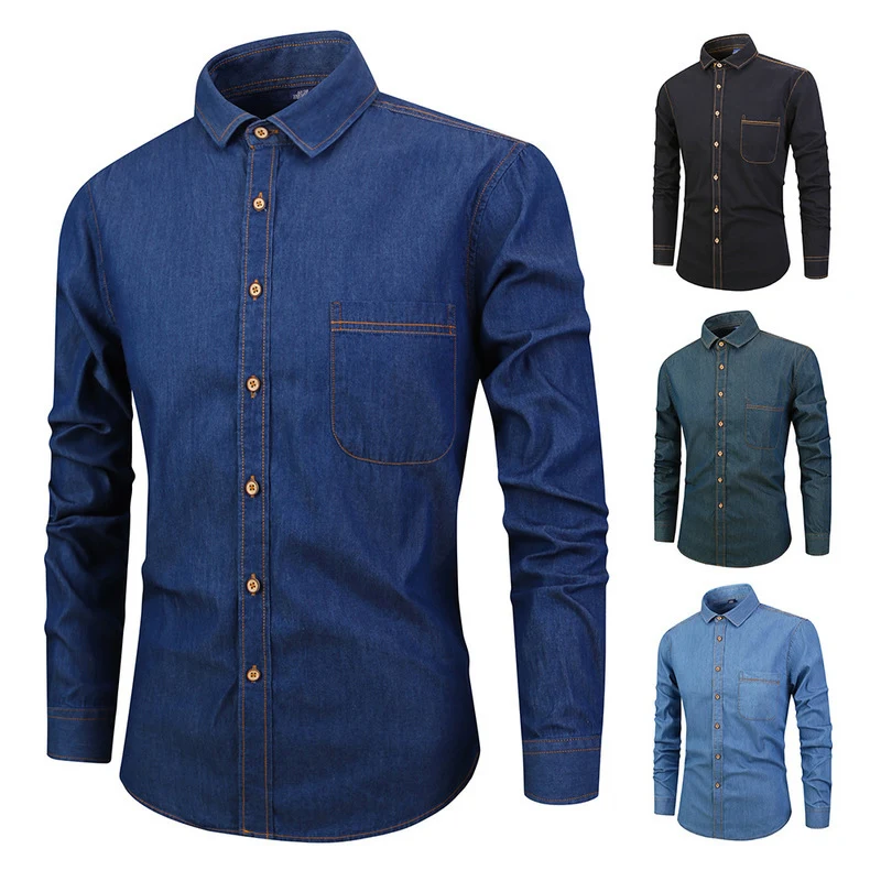 

2021 New Japanese Fashion Retro Denim Shirt Black Blue Mens Harajuku Long Sleeve Shirt Cotton Slim Casual Work Clothes