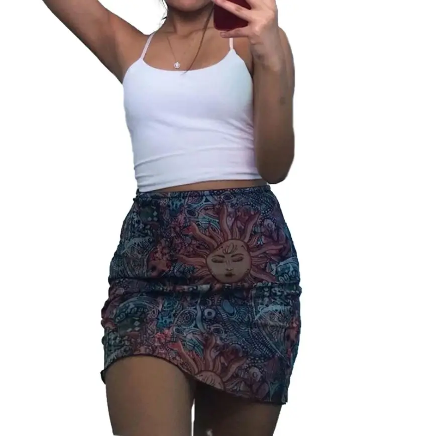 

Women's Mesh Bodycon Mini Skirt Bohemian High Waist Lettuce Trim Short Pencil Skirt