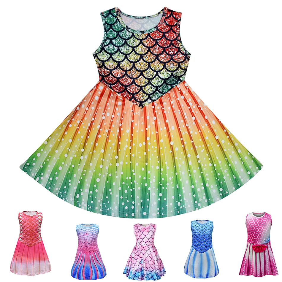 

Kids Milk Silk Summer Dress Girl Mermaid Scales Printed Dresses Sleeveless Girls Princess Sundress Children Party Frock Vestido