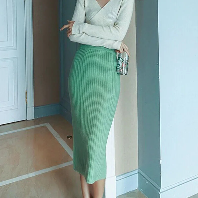 Яркие цвета с высокой талией в Корейском стиле Jupe Crayon Femme 2019 мягкие эластичные