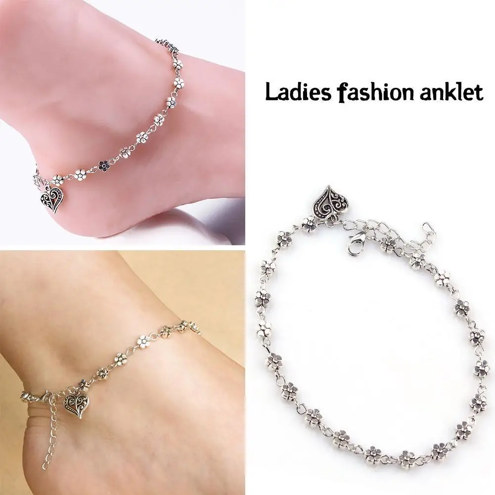 

New Fashion Simple Heart Female Anklets Foot Jewelry Heart Flower Bracelet Ankle Silver Chain Sexy Antique Plum Love Anklet P0L1