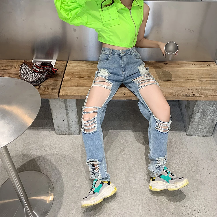 

Ripped Jeans Women 2021 Spring Summer New Straight High Waist Loose Slimming Long Trousers Student Beggar Denim Pants Hip Hop