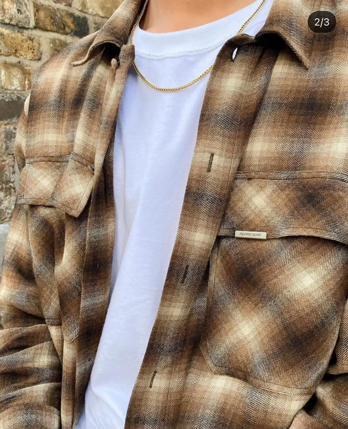 

Streetwear Represent Flannel Shirt Splicing Plaid Handmade Hem Distressed Shirts Damage High Street Metal Logo Cargo Pocket Tops