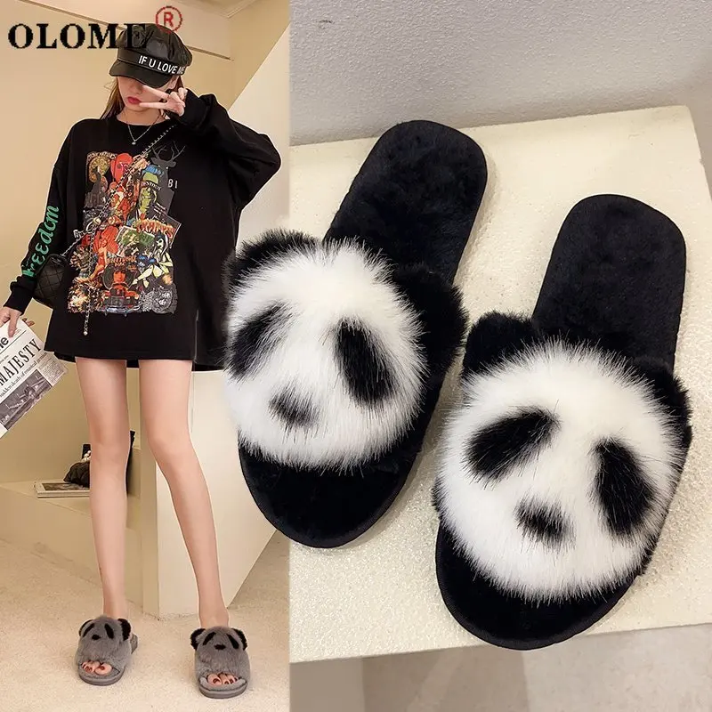 

Women's Real Fox Fur Slippers Plush Warmth Flat Sandals Fur Luxury Brand Shoes 2021