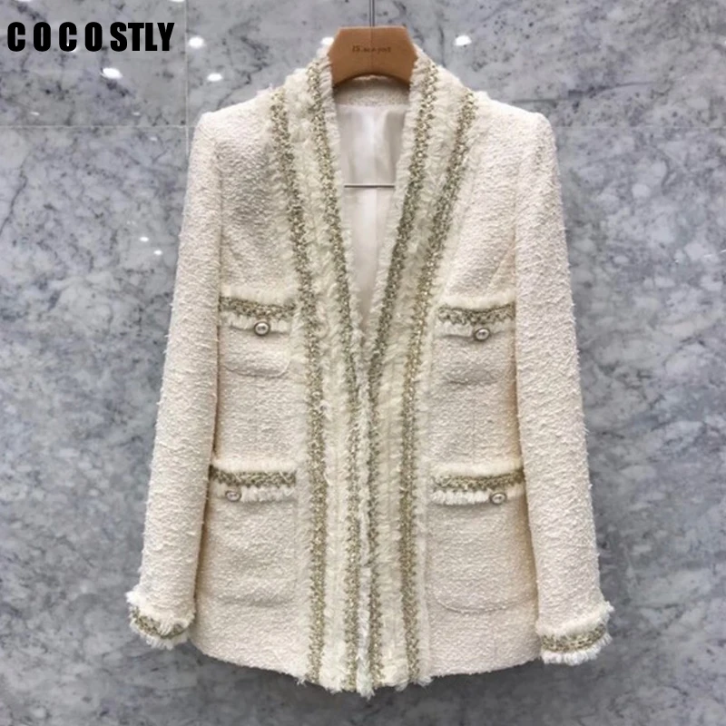 Женский твидовый пиджак с карманами винтажный v образным вырезом и длинным