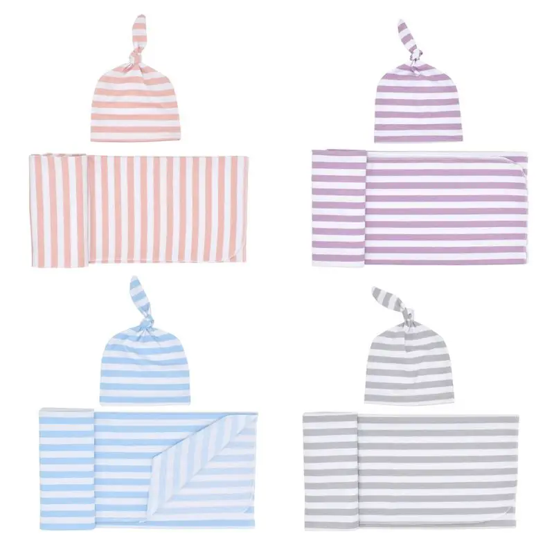 Новорожденный искусственный хлопок пеленать с детской шапочкой набор Полосатое