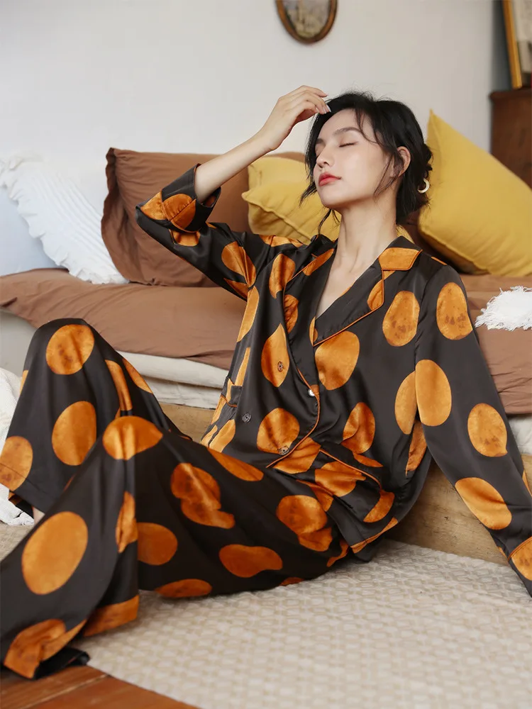Silk Pajamas Fashion Wave Point Suit Long Sleeve Lapel Ice Silk Home Clothes Two-piece Set Loungewear Autumn Clothes Women