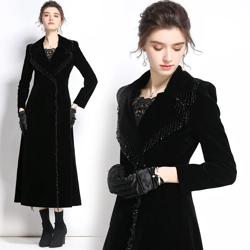 

JSXDHK Luxury Desiner Fall Winter Velvet Trench Coat Runway Women Notched Collar Beaded Tassel Deco Black Warm Long Outerwear