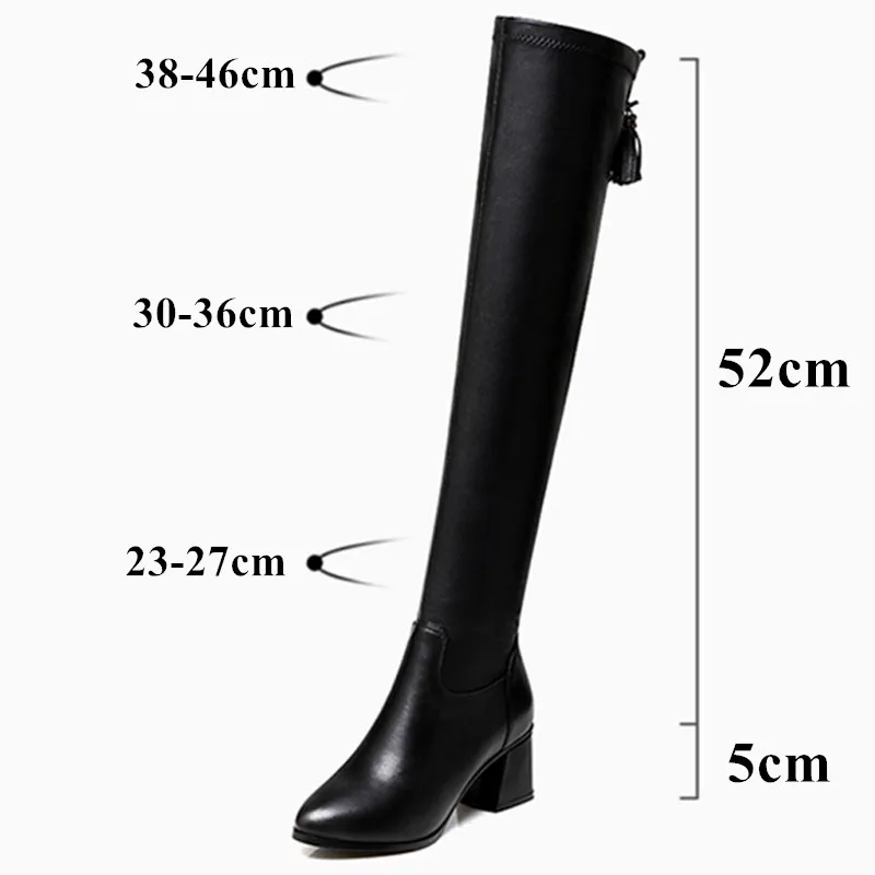 Женские кожаные сапоги выше колена с кисточками и острым носком модные высокие