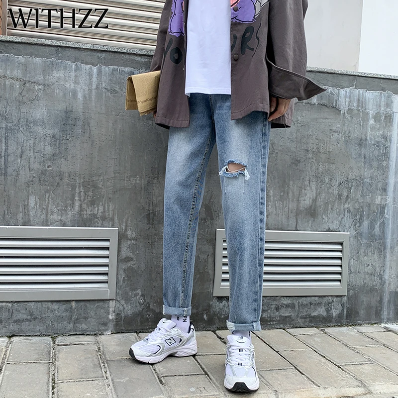 

WITHZZ Spring Autumn Female High-waist Blue Denim Straight Pants Women Jeans