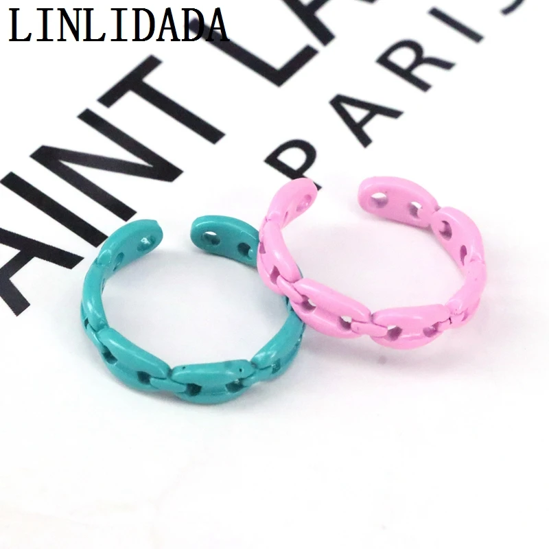 

10Pcs New trendy simple circle finger ring for women rainbow color ring for summer brass baked enamel jewelry adjustable ring