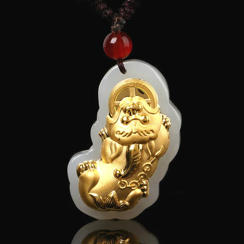 Натуральный китайский сорта хотанской (Hetian) белого нефрита сусальным золотом