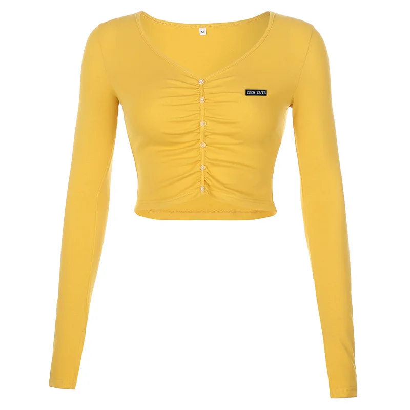 

2021 Autumn New Letter Embroidery Single-breasted Pleated Cardigan Long-sleeved T-shirt Women's Careful Machine V-neck Crop Top
