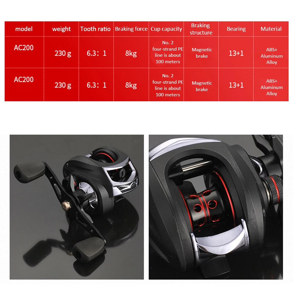 Fishing Baitcasting Reel Spool 13+1BB 8kg Max Drag Force Speed Ratio 6.3:1 Magnetic Aluminum Alloy Casting Tackle | Спорт и