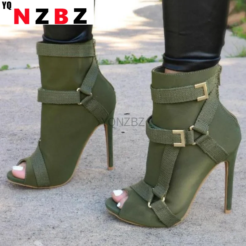

2021 New Fashion Black Summer Sandals Lace Up Cross-tied Peep Toe High Heel Ankle Strap Net Surface Hollow Out Sandals 35-43