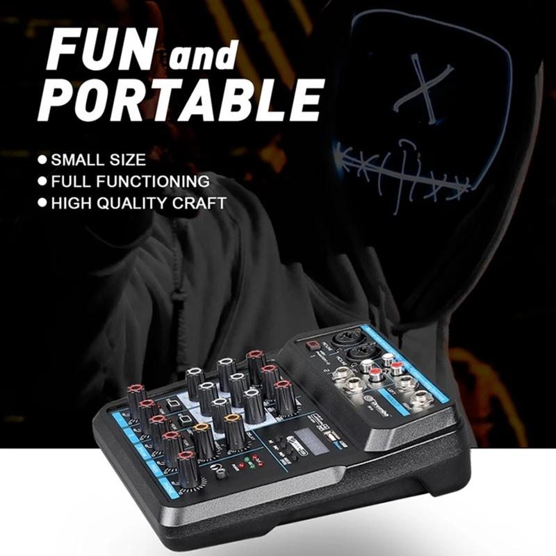 

4 Channel Protable Digital Audio Mixer Console with Sound Card,Bluetooth, USB, 48V Power for DJ Recording EU Plug