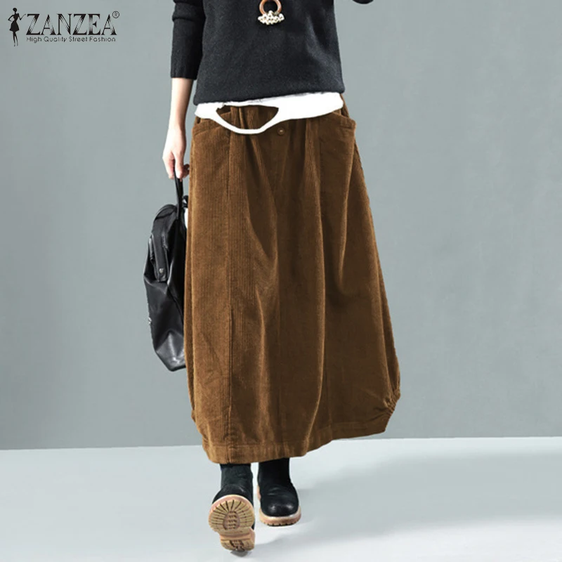 

Vintage Corduroy Skirts 2023 ZANZEA Women Autumn Elastic Waist Long Skirt Jupe Female Solid Casual Vestidos Loose Faldas Saia