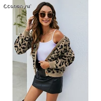 leopard print sweater cardigan autumn women long sleeve casual knitted loose crop top winter women clothing outwear overcoat