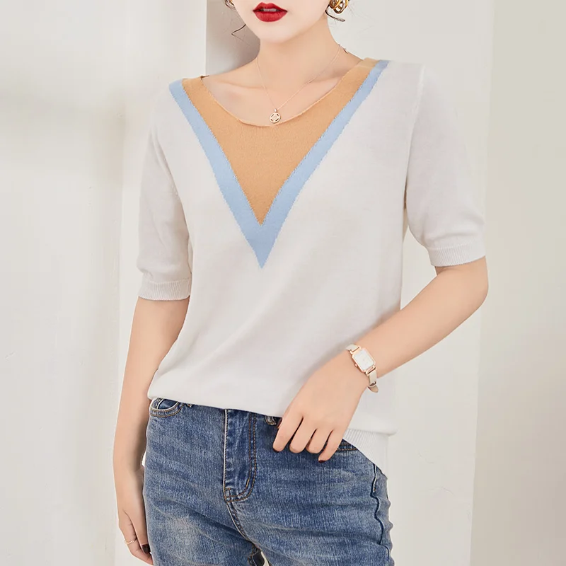 

Summer Woman's Sweater Chic Casual Patchwork O-Neck Short Sleeve 100% Cotton Knitted Female Pullover Tops Plus Size Thin Jumpers
