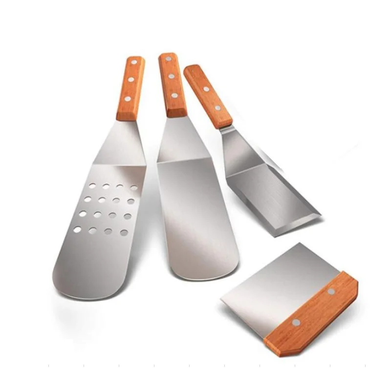 

Metal Spatula Set of 4, Stainless Steel Griddle Spatula Scraper Tools Set with Wooden Handle, Griddle Accessories Kit for Teppan