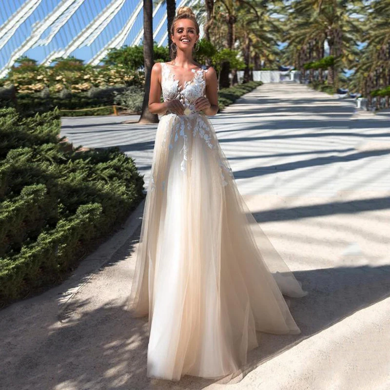 

YILIBER New simple wedding dress backless sleeveless design chiffon lace bride dresses princess dress plus size tailor-made