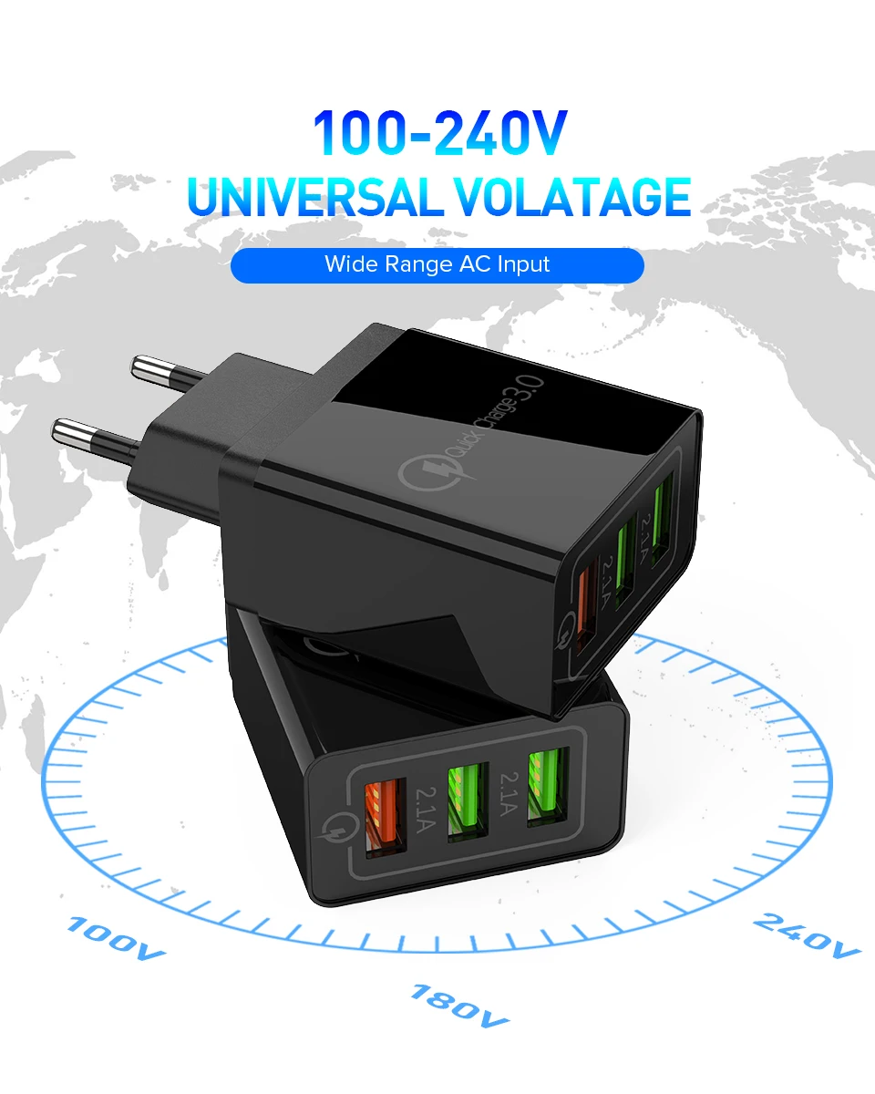 Venroii 3 USB зарядное устройство для мобильного телефона QC3.0 EU разъем для iPhone XR X Xiaomi Смартфон быстрая зарядка для huawei Быстрая зарядка