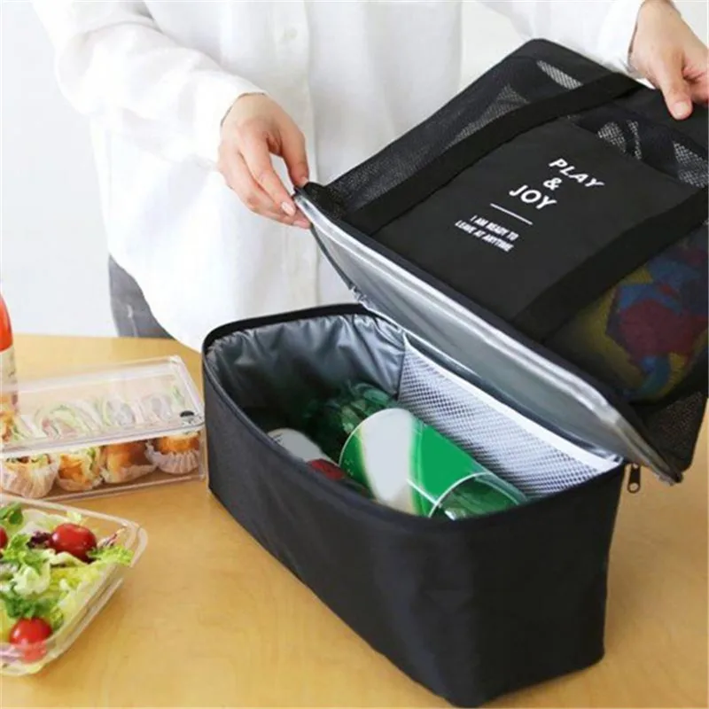 

New Two Layers Thermal Insulation Bag Handheld Lunch Bag Shoulder Bag Cooler Picnic Bag Mesh Beach Tote Bag Food Drink Storage