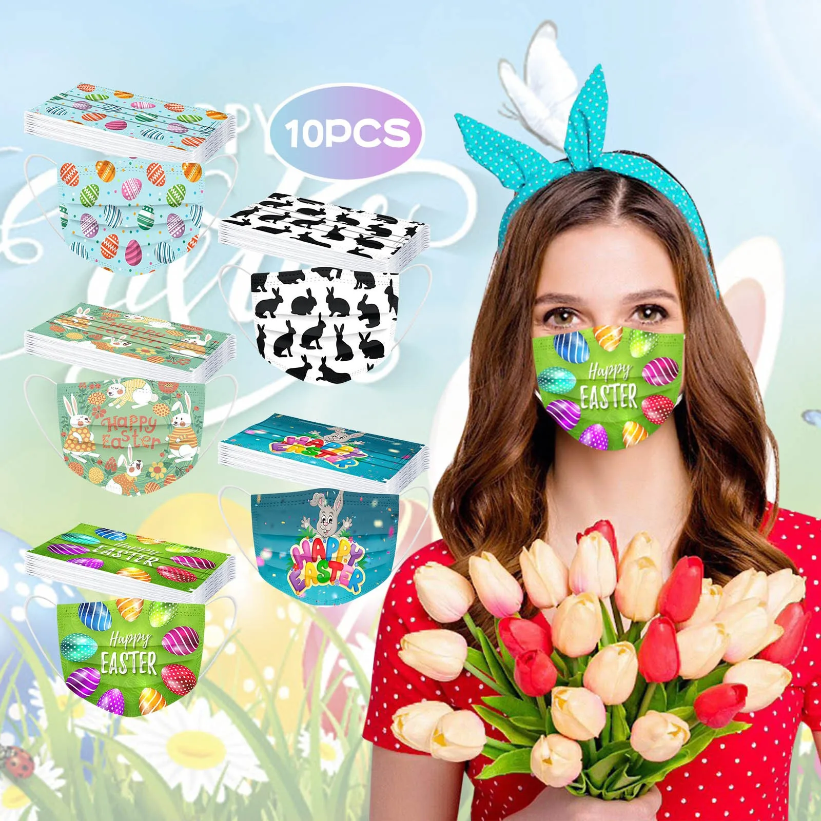 

top selling 10PCS Adult's Happy Easter Protection 3 Layer Cartoon Disposable Face Mask Support Wholesale and Dropshipping