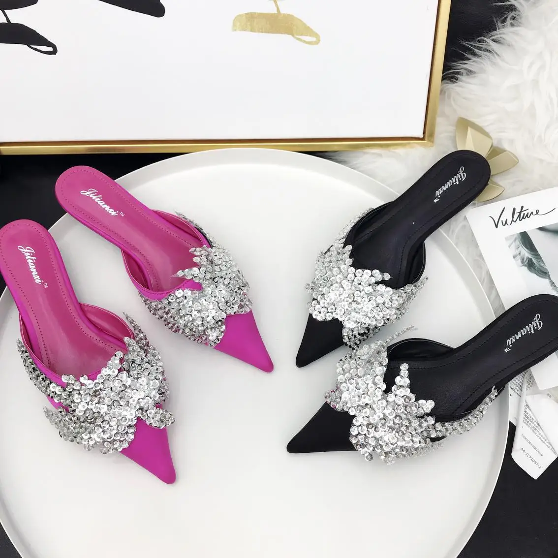 

New flower water drill flat bottom half drag pointed women's slippers