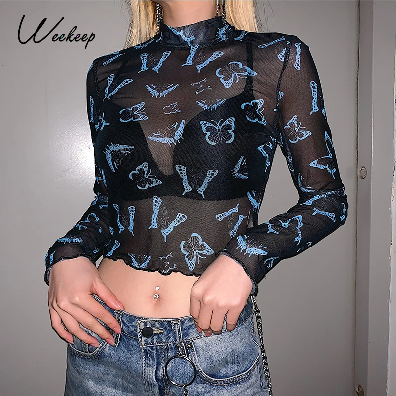 Женский сетчатый укороченный топ Weekeep черный прозрачный с длинными рукавами и